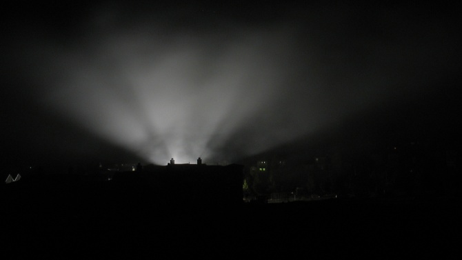 Eerie light from the poer company workers.
